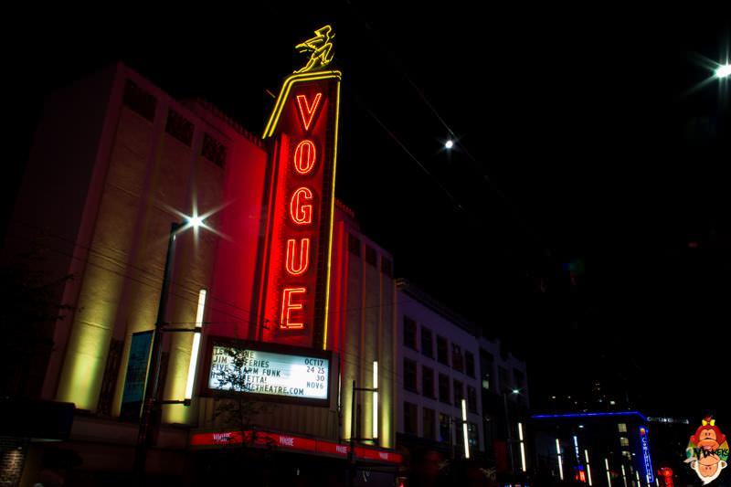 7 concert venues in Vancouver, Canada. The distinct neon lighting of the Vogue Theatre.
